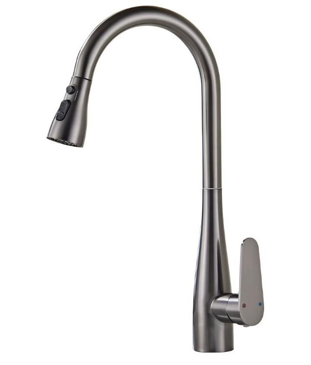 IGunmetal Grey High-Arc Gooseneck eshushu kwaye ebandayo yeKhitshi yokukhupha iFaucet IGunmetal Grey High-Arc Gooseneck eshushu kwaye ebandayo yeKhitshi yokukhupha iFaucet